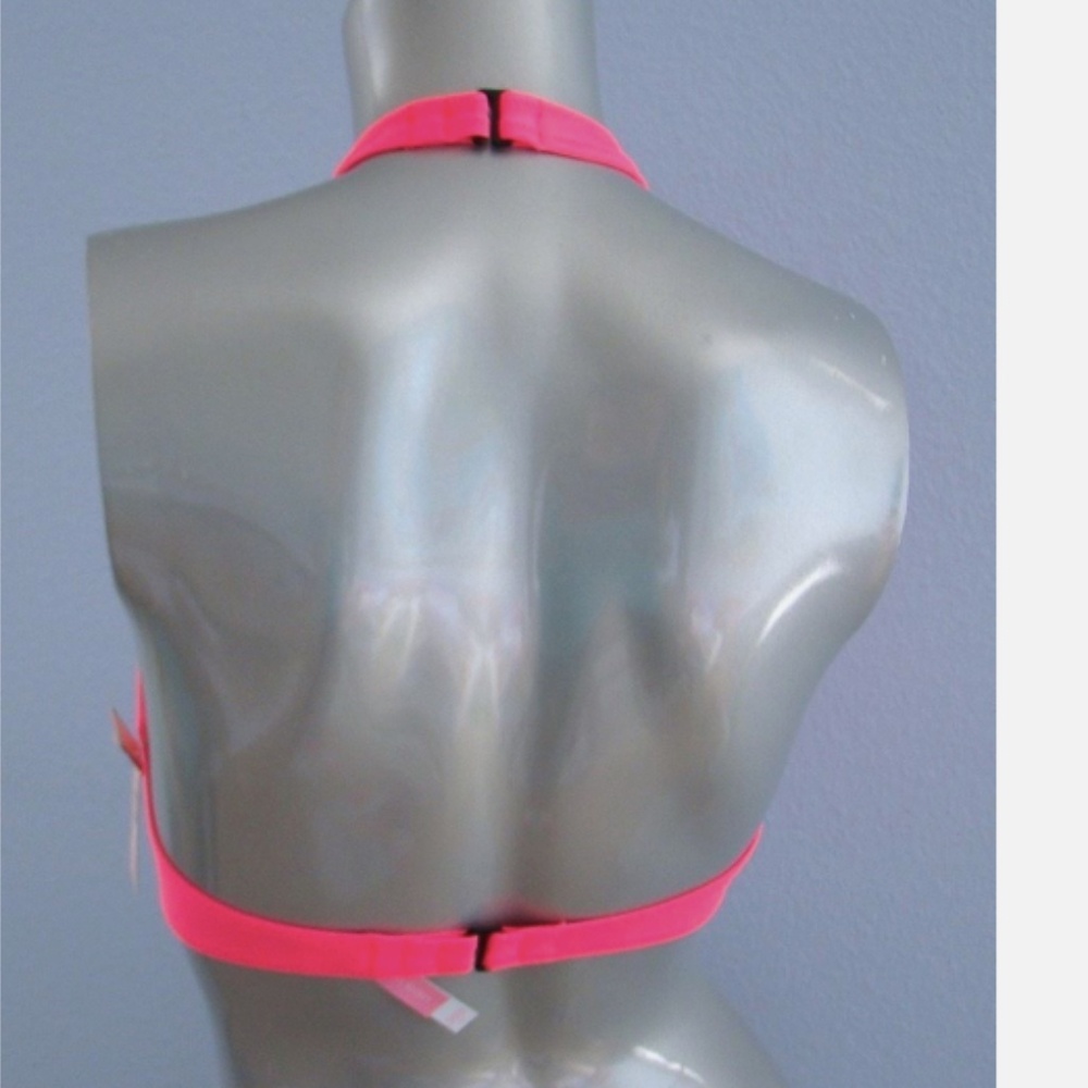 Victorias Secret Nwt Hot Pink w/ Black Logo Cropped V Neck Halter Bikini Top S - Picture 3 of 4